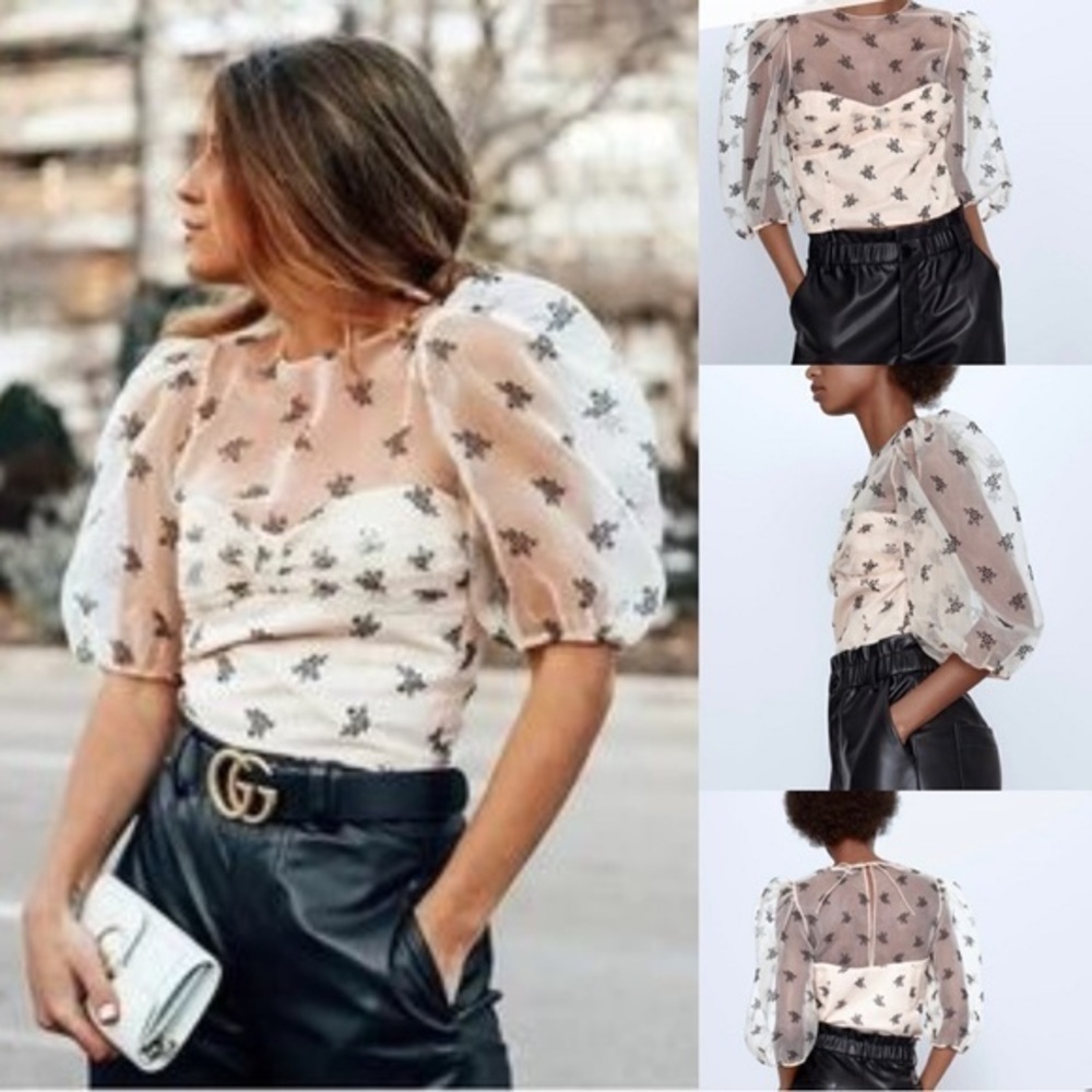 Zara Tulle Organza Sheer Puff Sleeve Velvet Burnout Sweetheart Crop Top Blouse